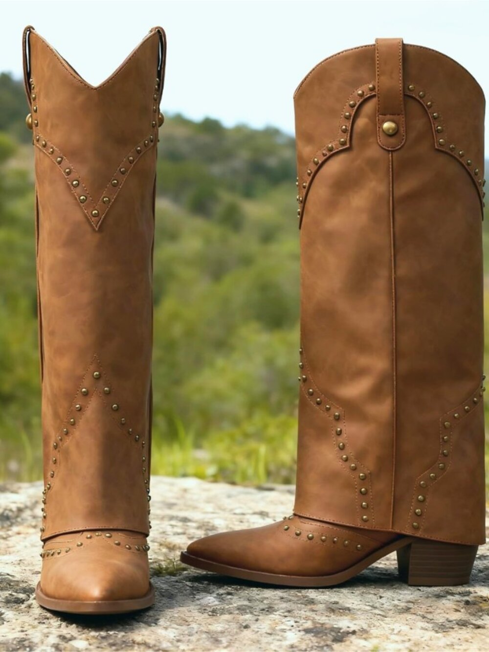 Cowgirl Cowboy Knee High Boots Women Fold Over Western Pointed Toe